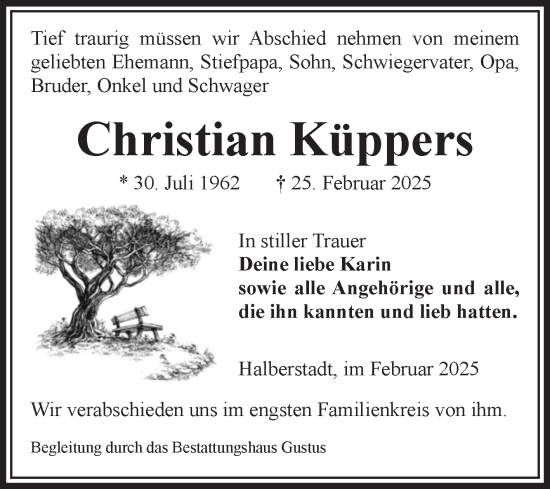Traueranzeige von Christian Küppers von Volksstimme Halberstadt