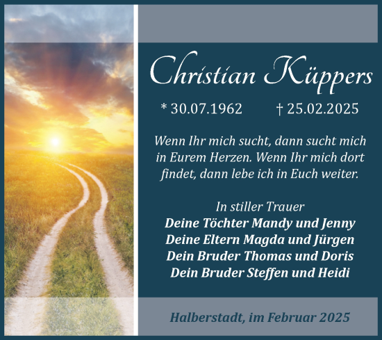 Traueranzeige von Christian Küppers von Volksstimme Halberstadt