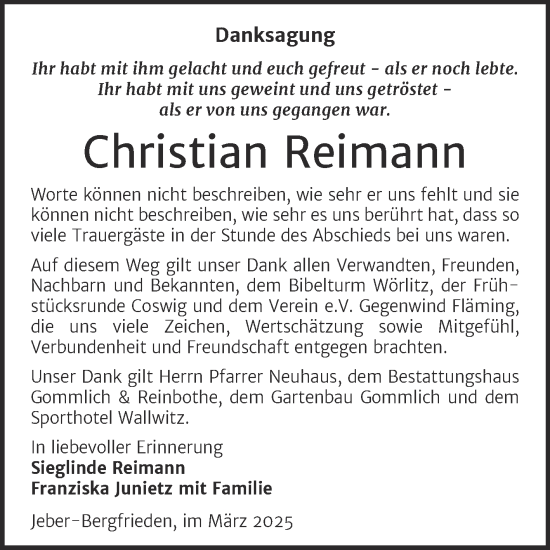 Traueranzeige von Christian Reimann von Super Sonntag Wittenberg