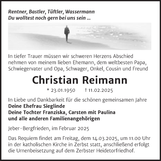 Traueranzeige von Christian Reimann von Super Sonntag Wittenberg