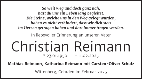 Traueranzeige von Christian Reimann von Trauerkombi Wittenberg