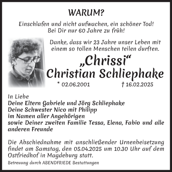 Traueranzeige von Christian Schliephake von Volksstimme Magdeburg