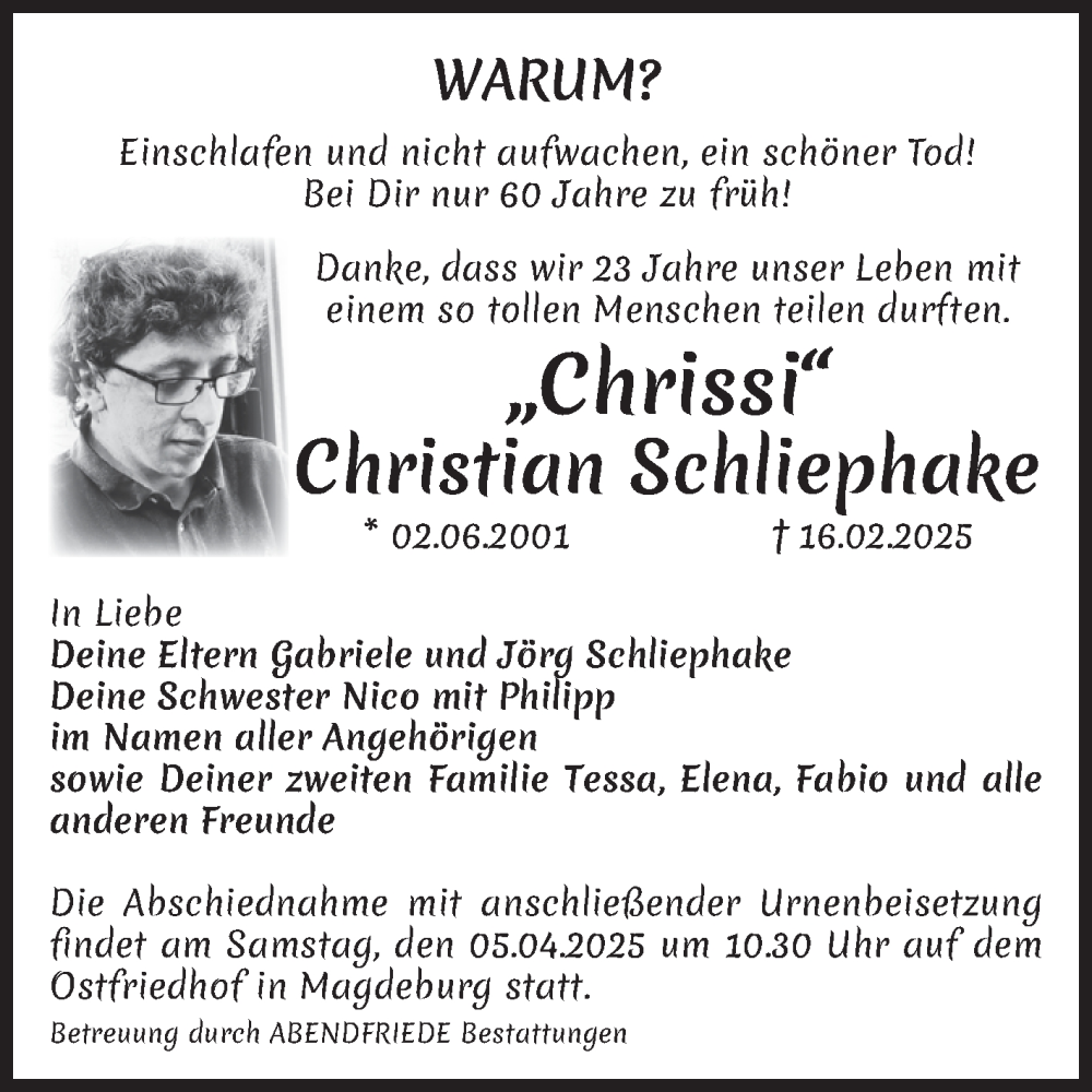  Traueranzeige für Christian Schliephake vom 08.03.2025 aus Volksstimme Magdeburg