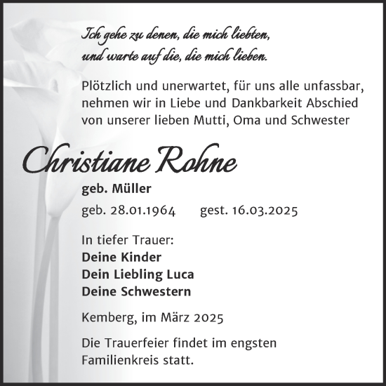 Traueranzeige von Christiane Rohne von Trauerkombi Wittenberg