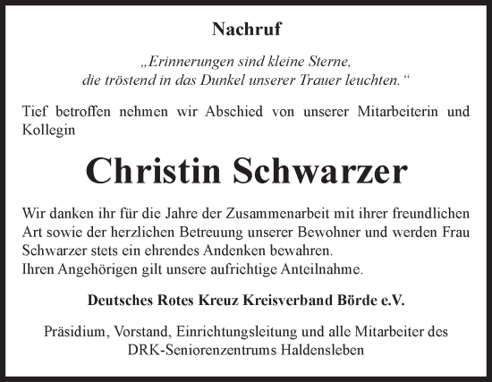 Traueranzeige von Christin Schwarzer von Volksstimme Haldensleben/Wolmirstedt