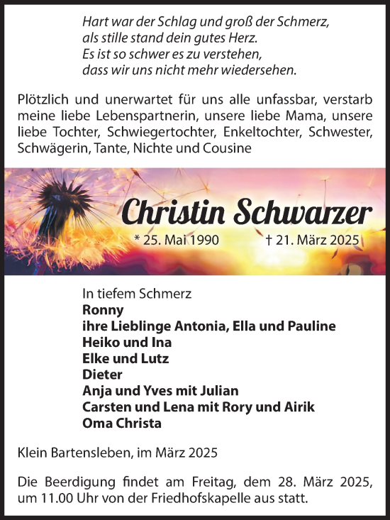 Traueranzeige von Christin Schwarzer von Volksstimme Haldensleben/Wolmirstedt