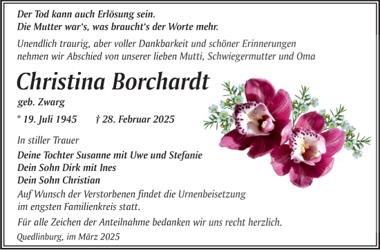 Traueranzeige von Christina Borchardt von Trauerkombi Quedlinburg