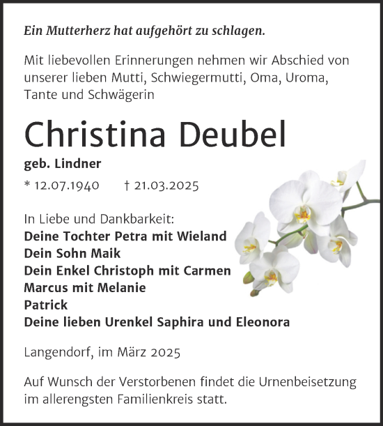 Traueranzeige von Christina Deubel von Trauerkombi Weißenfels