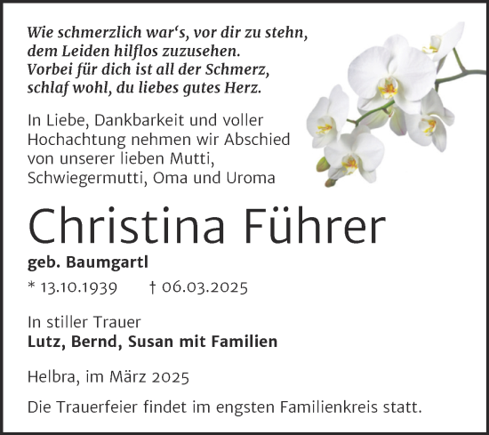 Traueranzeige von Christina Führer von Trauerkombi Mansfelder Land