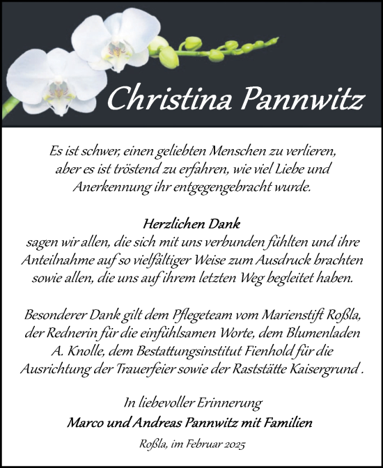 Traueranzeige von Christina Pannwitz von Trauerkombi Sangerhausen