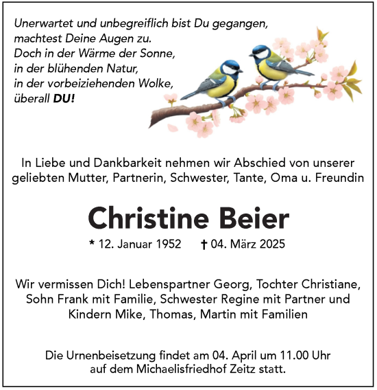 Traueranzeige von Christine Beier von Trauerkombi Zeitz