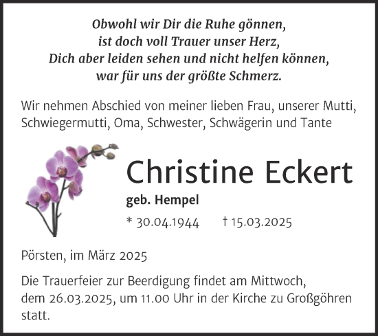 Traueranzeige von Christine Eckert von Mitteldeutsche Zeitung Weißenfels