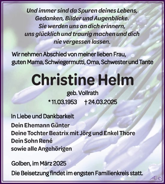 Traueranzeige von Christine Helm von Trauerkombi Zeitz