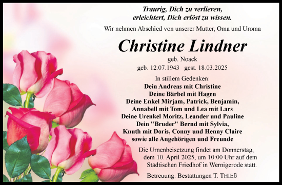 Traueranzeige von Christine Lindner von Volksstimme Wernigerode