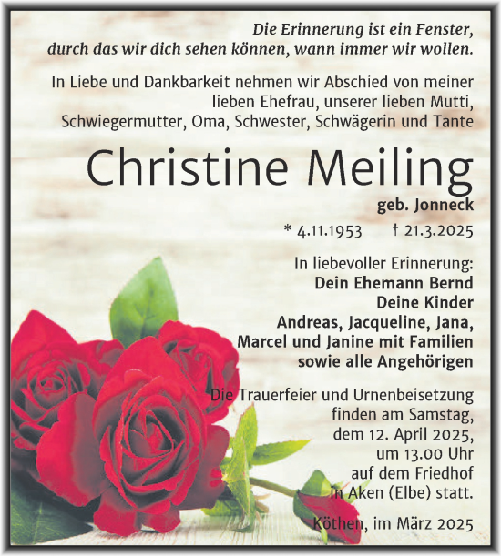 Traueranzeige von Christine Meiling von Trauerkombi Köthen