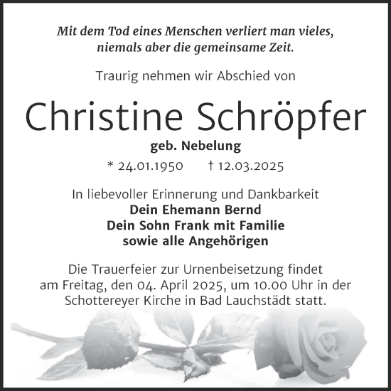 Traueranzeige von Christine Schröpfer von Trauerkombi Merseburg