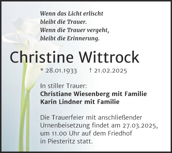 Traueranzeige von Christine Wittrock von Trauerkombi Wittenberg