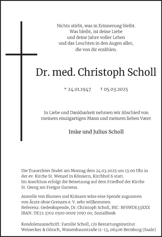 Traueranzeige von Christoph Scholl von Mitteldeutsche Zeitung Bernburg
