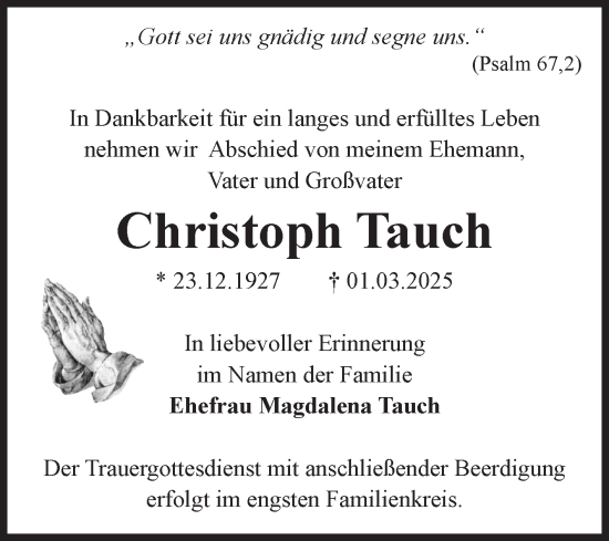 Traueranzeige von Christoph Tauch von Volksstimme Haldensleben/Wolmirstedt