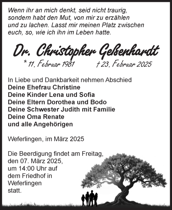 Traueranzeige von Christopher Geßenhardt von Volksstimme Haldensleben/Wolmirstedt
