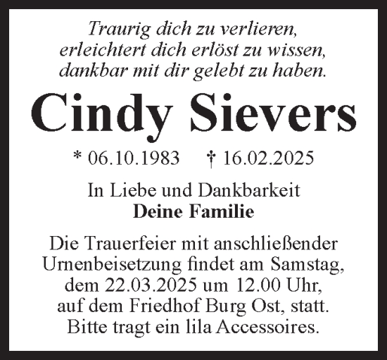 Traueranzeige von Cindy Sievers von Volksstimme Burg/Genthin