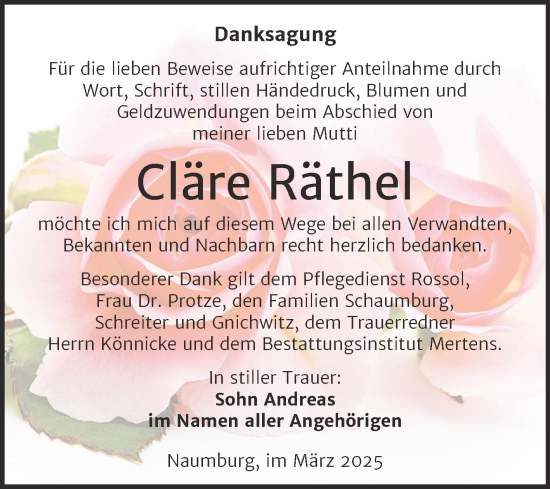 Traueranzeige von Cläre Räthel von Super Sonntag Naumburg/Nebra