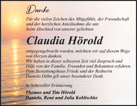 Traueranzeige von Claudia Hörold von Trauerkombi Wittenberg