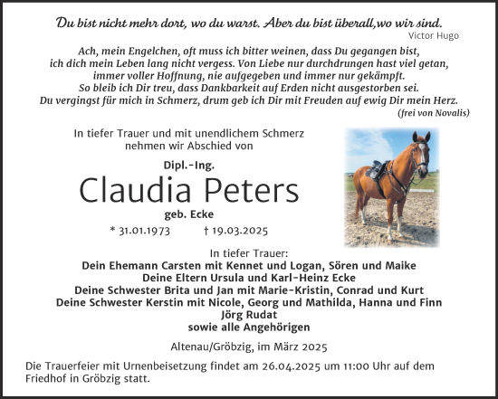 Traueranzeige von Claudia Peters von Trauerkombi Köthen