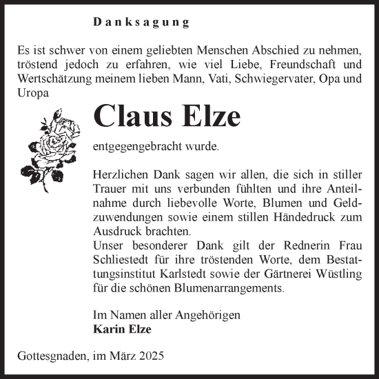 Traueranzeige von Claus Elze von Volksstimme Schönebeck