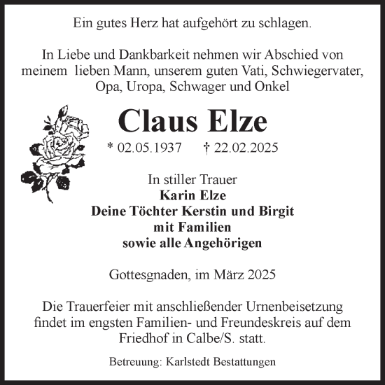 Traueranzeige von Claus Elze von Volksstimme Schönebeck