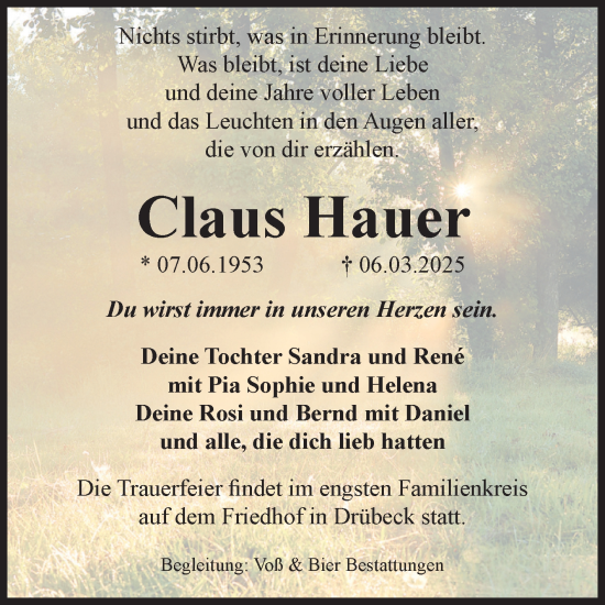 Traueranzeige von Claus Hauer von Volksstimme Wernigerode
