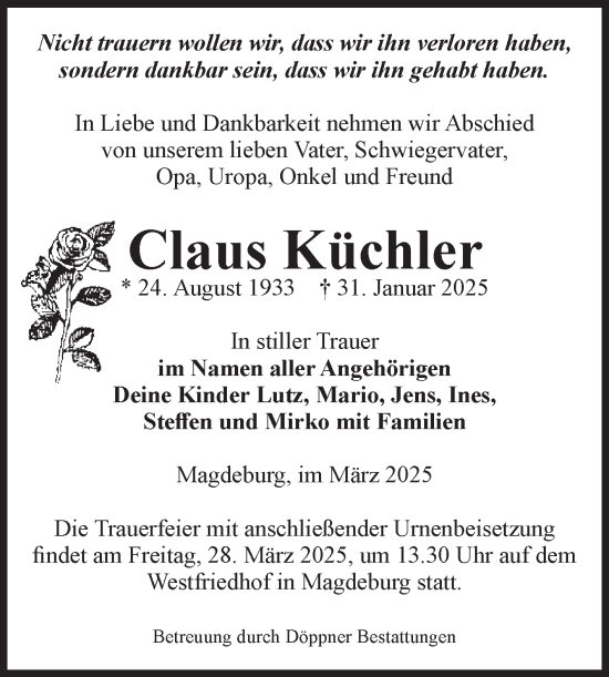 Traueranzeige von Claus Küchler von Volksstimme Magdeburg