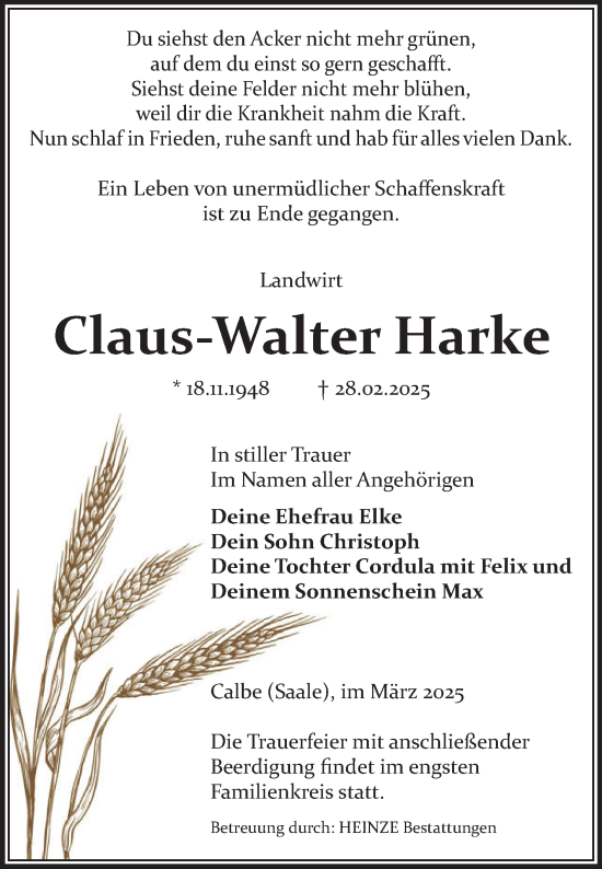 Traueranzeige von Claus-Walter Harke von Volksstimme Schönebeck