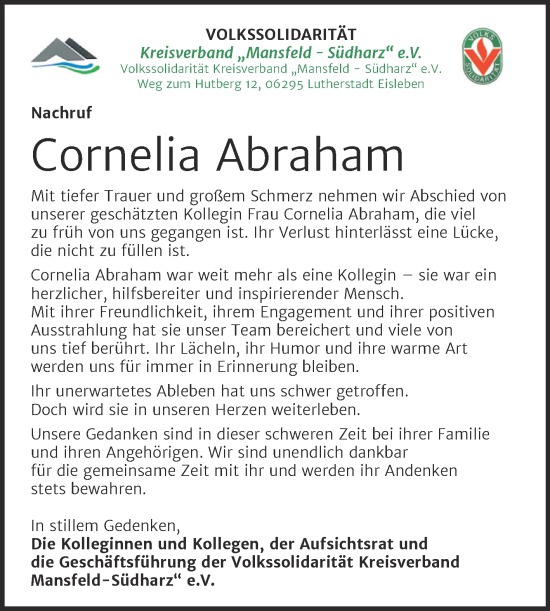 Traueranzeige von Cornelia Abraham von Mitteldeutsche Zeitung Halle/Saalkreis