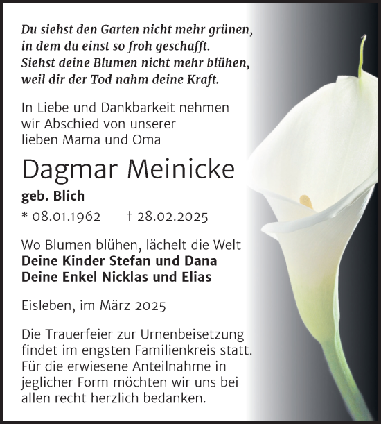 Traueranzeige von Dagmar Meinicke von Trauerkombi Mansfelder Land