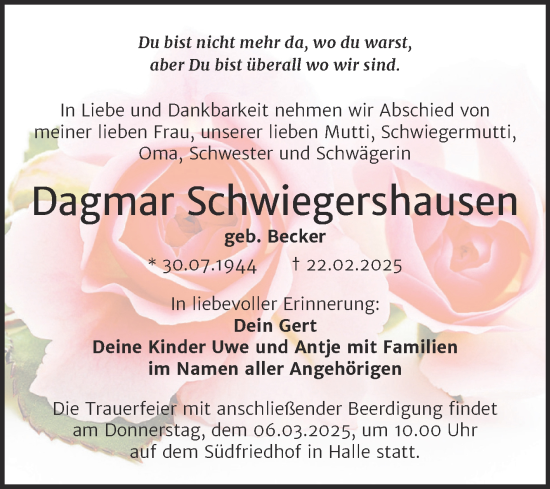 Traueranzeige von Dagmar Schwiegershausen von Mitteldeutsche Zeitung Halle/Saalkreis
