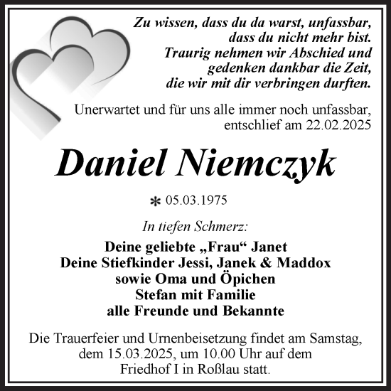 Traueranzeige von Daniel Niemczyk von Trauerkombi Dessau
