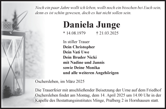 Traueranzeige von Daniela Junge von Volksstimme Oschersleben/Wanzleben