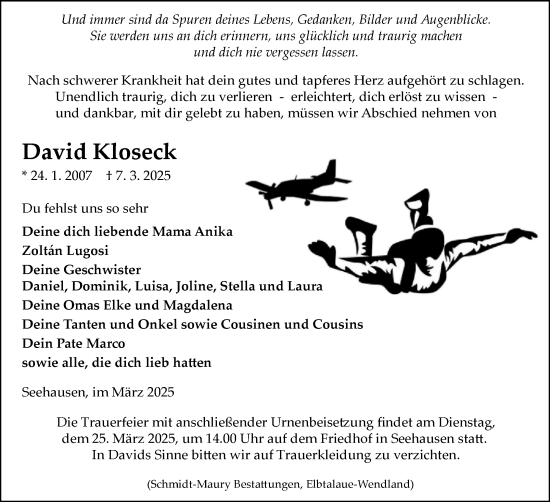 Traueranzeige von David Kloseck von Volksstimme Altmark Ost