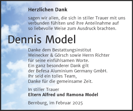 Traueranzeige von Dennis Model von Trauerkombi Bernburg