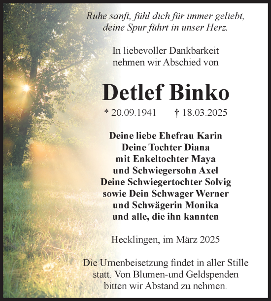 Traueranzeige von Detlef Binko von Volksstimme Staßfurt