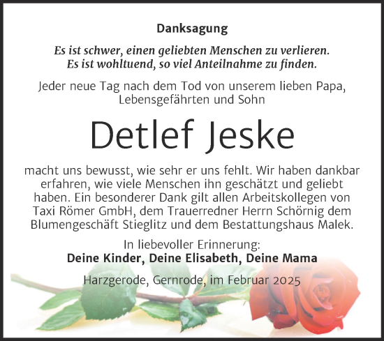 Traueranzeige von Detlef Jeske von Trauerkombi Quedlinburg