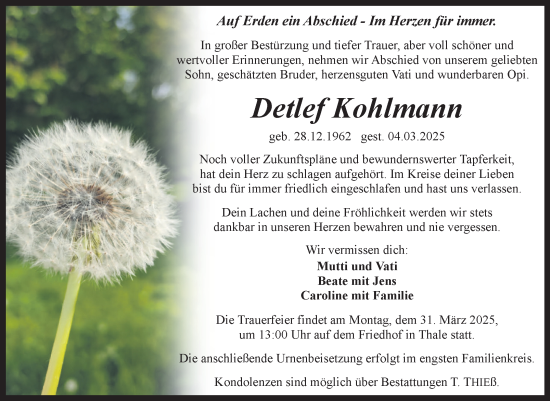 Traueranzeige von Detlef Kohlmann von Trauerkombi Quedlinburg