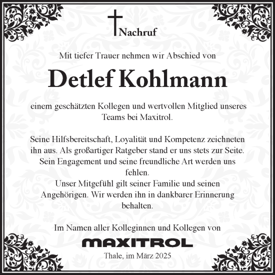 Traueranzeige von Detlef Kohlmann von Mitteldeutsche Zeitung Quedlingburg