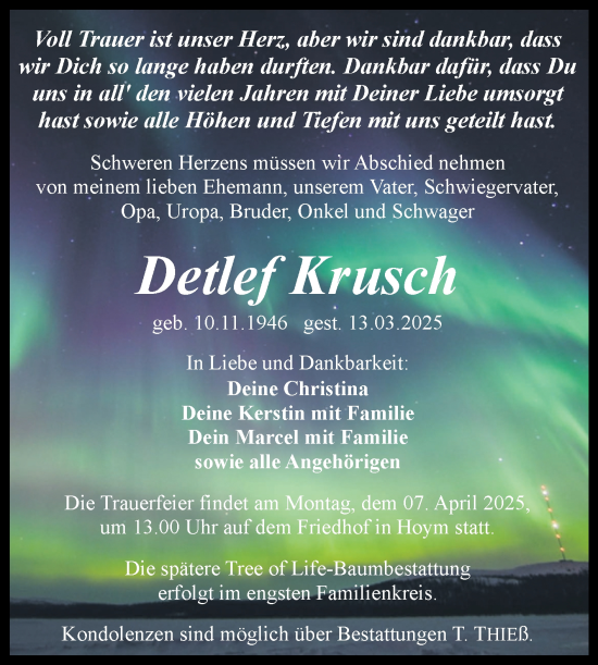 Traueranzeige von Detlef Krusch von Trauerkombi Aschersleben