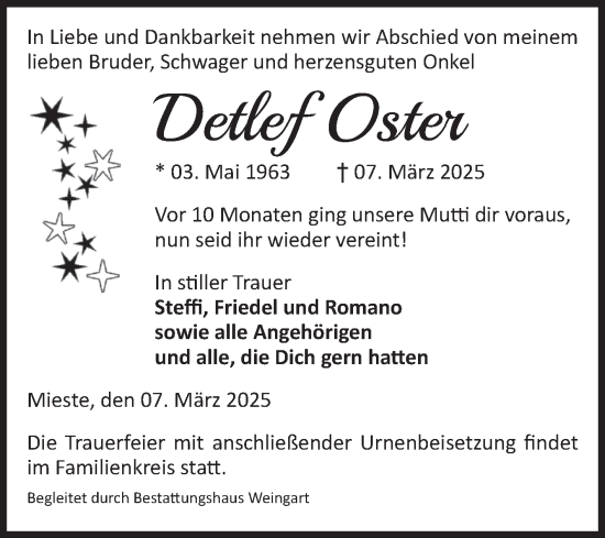 Traueranzeige von Detlef Oster von Volksstimme Altmark West