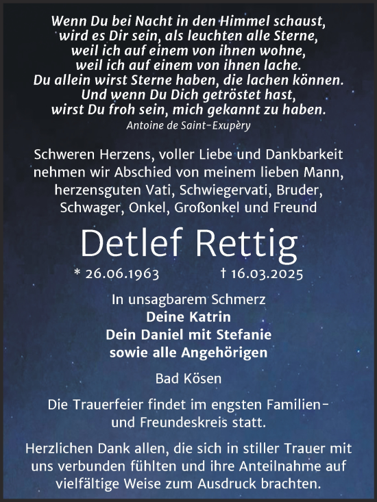 Traueranzeige von Detlef Rettig von Super Sonntag Naumburg/Nebra