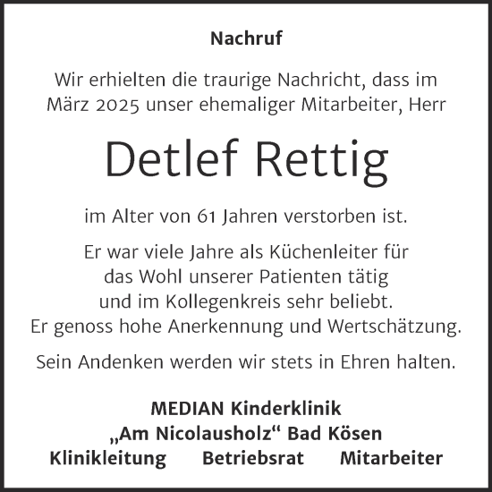 Traueranzeige von Detlef Rettig von Naumburger Tageblatt