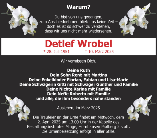 Traueranzeige von Detlef Wrobel von Volksstimme Oschersleben/Wanzleben