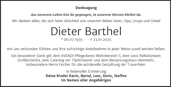 Traueranzeige von Dieter Barthel von Trauerkombi Weißenfels